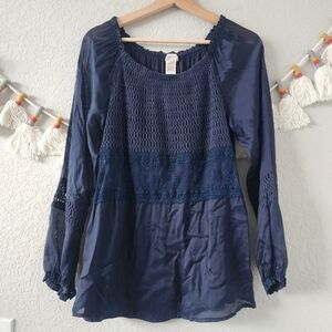 Sundance Belle Monde Navy Crochet Floral Semi Sheer Top Boho Modest Contemporary